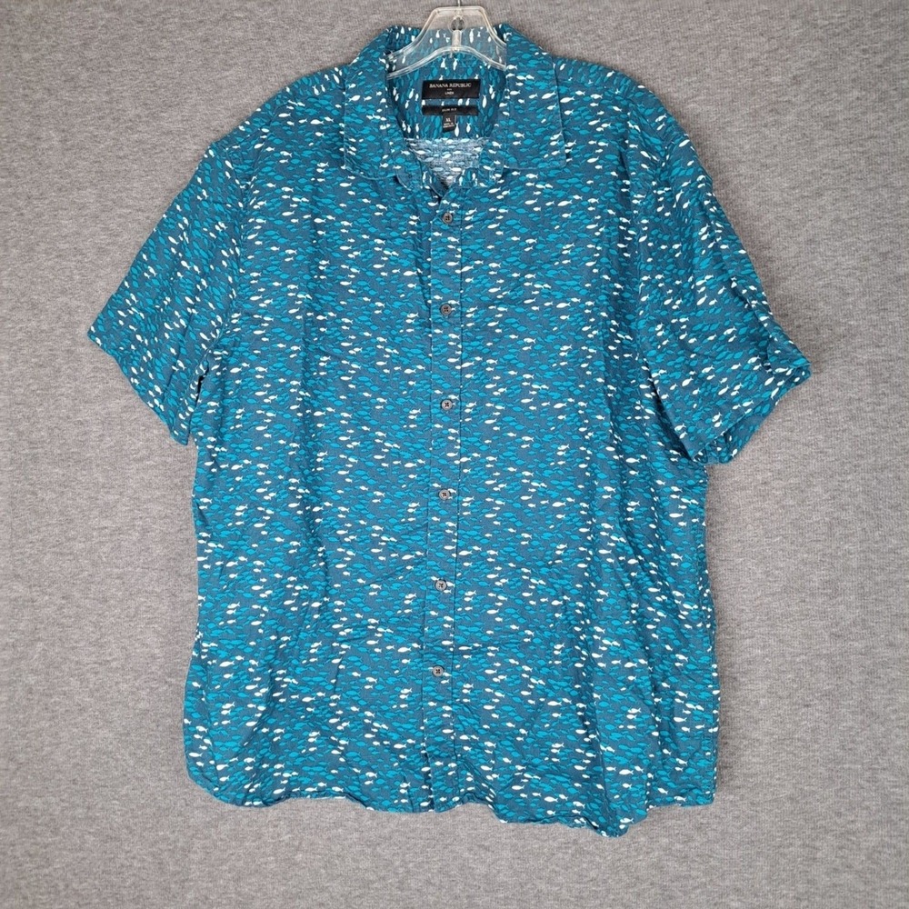 Banana Republic Shirt Men XL Multi Fish AOP Linen Slim Fit Short Sleeve - Picture 2 of 8